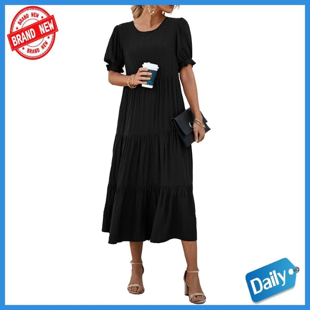 Floral Boho Midi Dress Puff Sleeve Flowy Summer Casual Sundress
